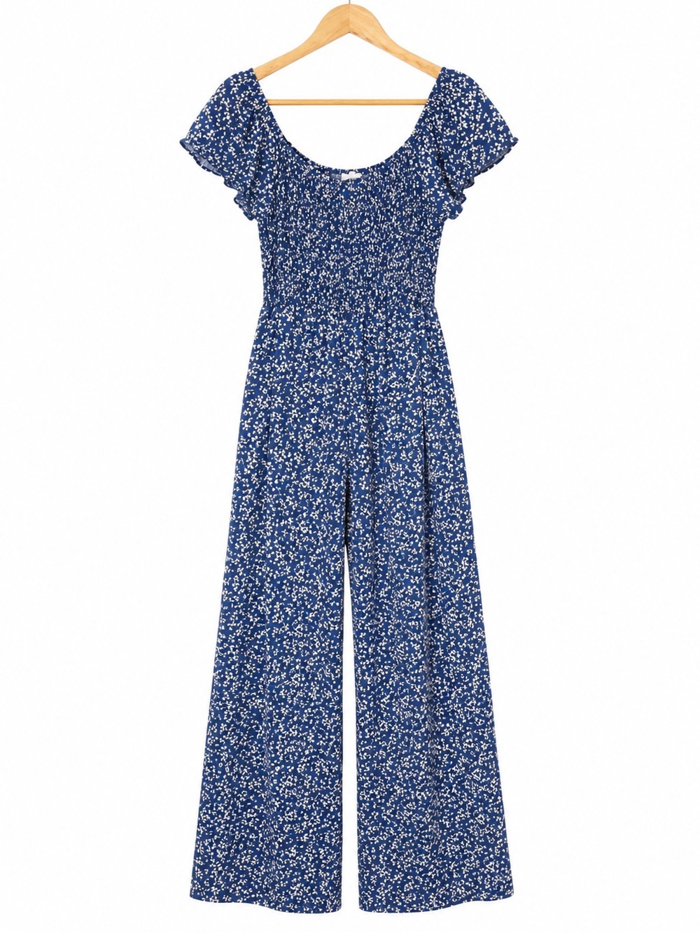 Millibon Blue Floral Wide Leg Jumpsuit Romper Size Medium Boho Smocked Bodice